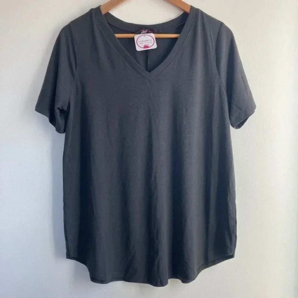 Nadine‎ West Sheila Rose Top Large Gray V-Neck Curved Hem Lagenlook Minimalist